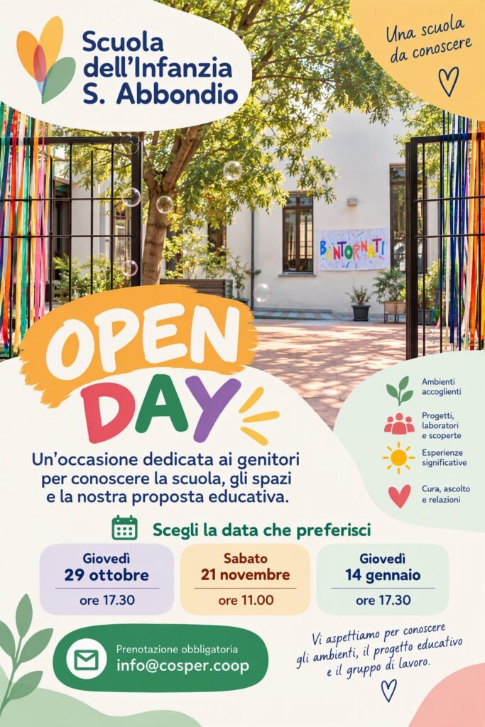 Locandina Open Day della Scuola dell'Infanzia S. Abbondio a Cremona: tre date il 29 ottobre, 21 novembre e 14 gennaio, con invito a prenotare via infanzia@cosper.coop